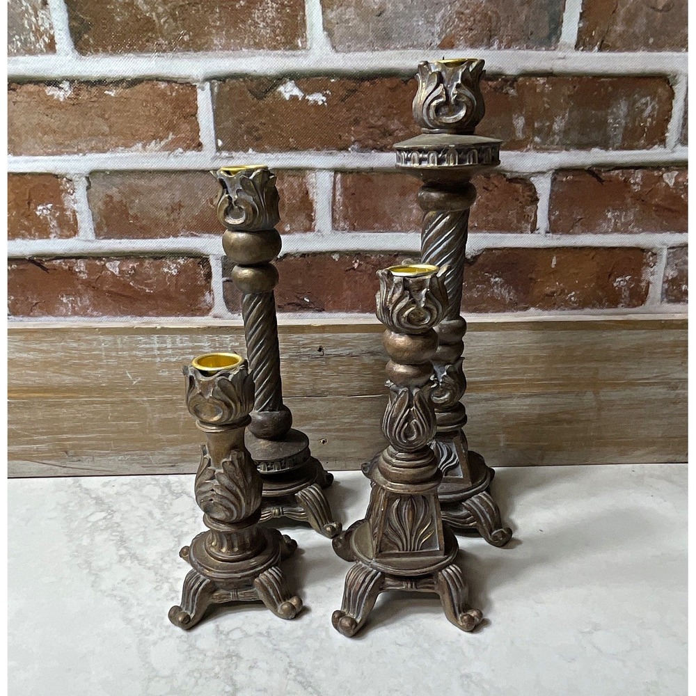 Metal Taper Candle Holders Candlesticks Twisted Columns Bronze Gold - Set 4